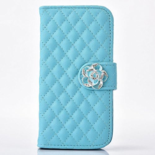 Galaxy S7 Case Fashion Leather Cover For Samsung Galaxy S7 Gride Style Flip Stand Case Diamond Camellia Wallet (Blue)