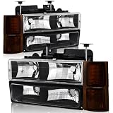 94-98 Chevy Trucks, 95-99 Chevy Tahoe Black Housing Headlight, Bumper Light, and Amber Smoke Corner Light 8PC Combo