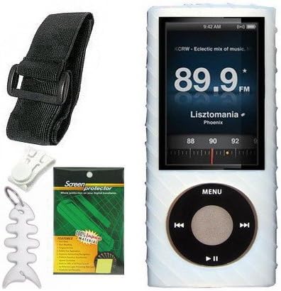 TPA- Apple iPod Nano 5th Generation (5G Video) Silicone Gel Skin Case Cover (CLEAR/WHITE) w/ LCD Screen Protector, Adjustable Armband, Belt Clip, Fishbone Keychain