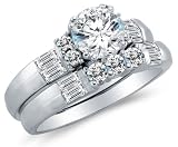Solid 14K White Gold Round Brilliant Cut Solitaire Center with Baguette Side Stones Highest Quality CZ Cubic Zirconia Engagement Ring with Matching Wedding Band Bridal Two Ring Sets (2.5cttw. , 1.0ct. Center Stone) - Available in all ring sizes 4 - 13
