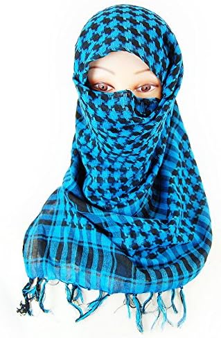 Shemagh Military Fashion Tactical Desert Keffiyeh Arab Scarf Checked 100% Cotton Head Wrap Checker Tattern, Sky Blue &amp; Black