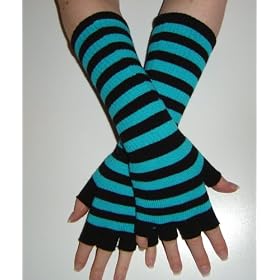 Long Magic Fingerless Gloves - Turquoise & Black Stripe
