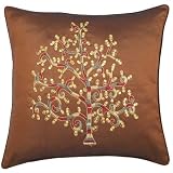 Decorative Handmade Asian Cushion Cover / Pillow Sham With Embroidered Bodhi Tree Design - Brown