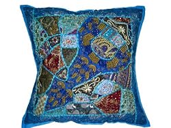 Gift For Mom-Indian Vintage Sari Beaded Decorative Deep Sky Blue Cushion Cover 24" FREE SHIPP