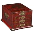 Handmade Red Leather Three-Drawer Chinese Bird 11" Jewelry Box With Fold Out Mirror
