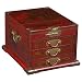 Handmade Red Leather Three-Drawer Chinese Bird 11" Jewelry Box With Fold Out Mirror