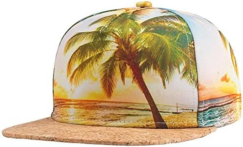 WELITY Men's 3D Tropical Coconut Tree Canvas Flat Panel Brim Snap Back Cap Hat