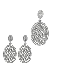 BRI Jewelry Sterling Silver Ridge Oval Shape With Clear Micropave Cubic Zirconia Set - Pendant - Dangle Earring
