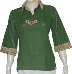 Lady Shirts Long Sleeve Cotton Top Blouse Block Print Hand Embroidery Size M (tsht071)