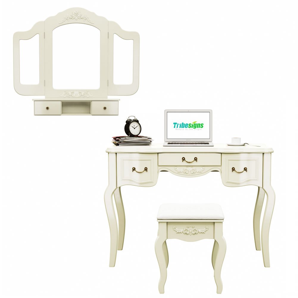 Tribesigns French Vintage Ivory White Vanity Dressing Table Set Makeup