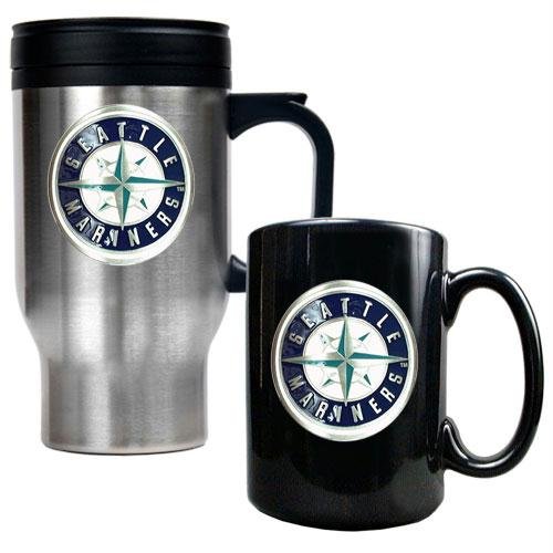 MLB Seattle Mariners Stainless Steel Travel Mug & Black Ceramic Mug Set - Primary Logo