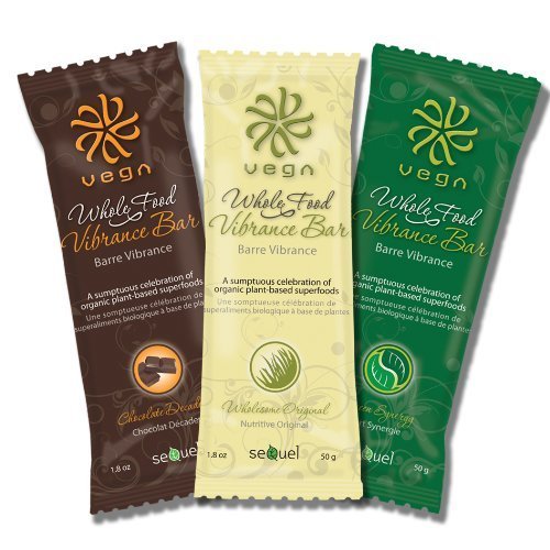 Vega Whole Food Vibrance Bar Tri Pak (Chocolate Decadence + Wholesome Original + Green Synergy) - Quick Convenient Snack Full of Protein and Fiber