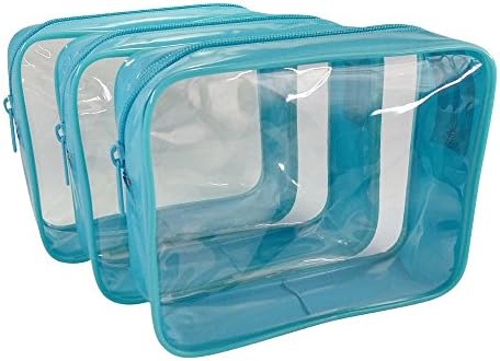 3-Pack Clear Vinyl Multi-Purpose Cases - Insert Pocket Organizer for A Tote, Diaper Bag, Handbag, Cord Organizer - Sky Blue