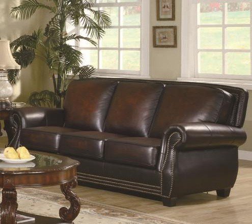 Sofa with Nail Head Trim in Deep Brown Leather