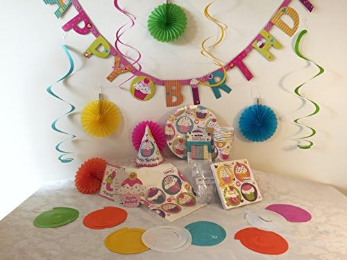 Kids Birthday Party in a Box - Colorful Cupcake Themed Party Supplies for Boys and Girls Featuring Decorations, Invitations and More for 8 Guests (bundle of 13 items)!