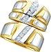 Large 3pc. Diamond Wedding Set For Him And Her 2 Tone " Size 7 For Her and Size 10 For Him "