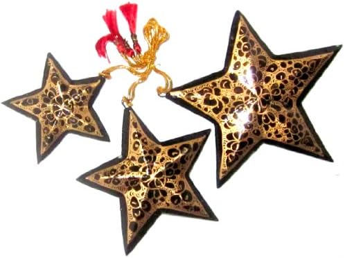 Decorative Hanging Ornaments (Set of three Stars ). 100% Handmade and Hand painted Paper Mache product from the Artisans of Kashmir-India. Size: 12cm, 10cm &amp; 8 cm
