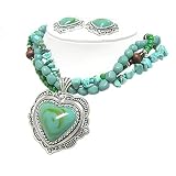 Turquoise Engraved Metal Heart Pendant and Multi Stone Necklace Earrings Set