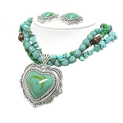 Turquoise Engraved Metal Heart Pendant and Multi Stone Necklace Earrings Set