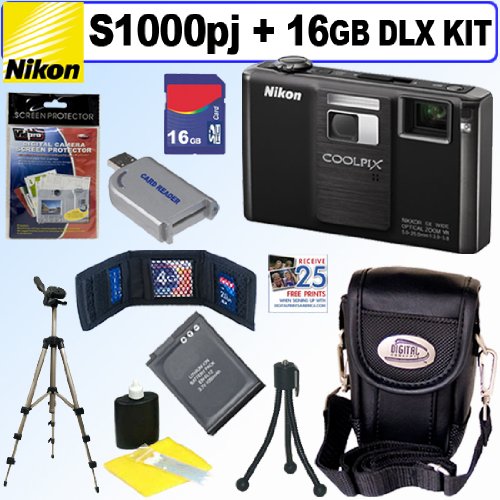 Nikon Coolpix S1000pj 12.1MP Digital Camera + 16GB Deluxe Accessory Kit