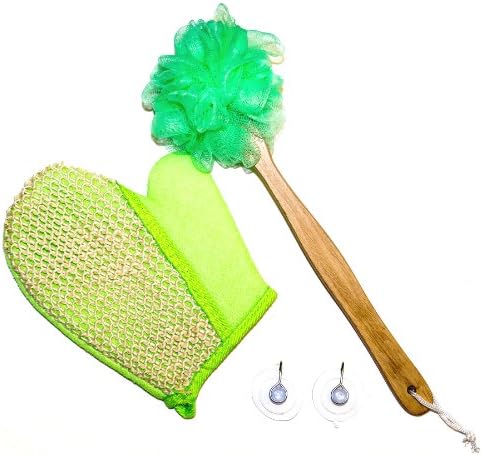 Best Green 4 Piece Bath Shower Back Scrubber Loofah Luffa Mesh Pouf Sponge Sisal Glove and Suction Hangers Gift Sets For Men and Women. (4 Piece Green)