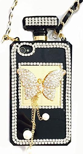 Stylish Crystal Diamond Rhinestones 3D Luxury Shining Butterfly Perfume Bottle Phone Case with Gold/Black Leather Chain (iPhone 4/4s Gold/Silver Gems)