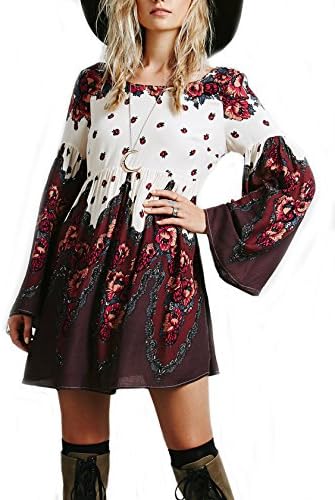 Sheinside® Women's Red Long Sleeve Vintage Print Backless Dress (S, Red)