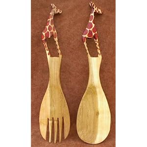 African Art: Animal Hand Carved Wooden Handle Salad Servers -Zebra, Giraffe, Elephant by
