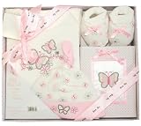 Baby Girls Applique and Printed Butterflies Gift Set with Photograph Album, Bodysuit, Booties & Beanie Hat (0-3 Months) (Pink/White)