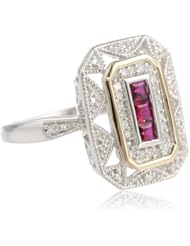 S&G Sterling Silver and 14k Yellow Gold Diamond and Ruby Art Deco Style Ring