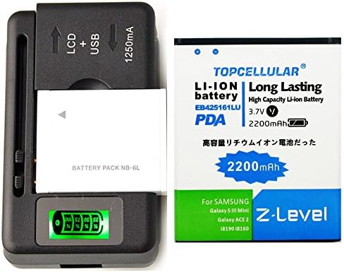 TOPCELLULAR Battery EB425161LU High Capacity + Universal LED Charger For Samsung I8190 I8160 SGH-T599 / Samsung Galaxy S3 Mini GT-I8190 / Samsung Galaxy S III Mini GT-I8190 / Samsung Galaxy Ace 2 GT-I8160 / Samsung Galaxy Exhibit SGH-T599 / Samsung Galaxy Exhibit SGH-T599N 2200 mAh