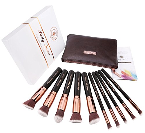 Party Queen Makeup Brush Set Classic 10Pcs Rose Golden Kabuki Brush with Luxury Pouch