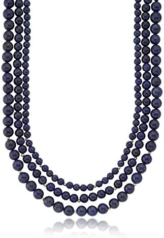 14k Yellow Gold 6-10mm Graduated Lapis Bead 3-Row Necklace, 18"