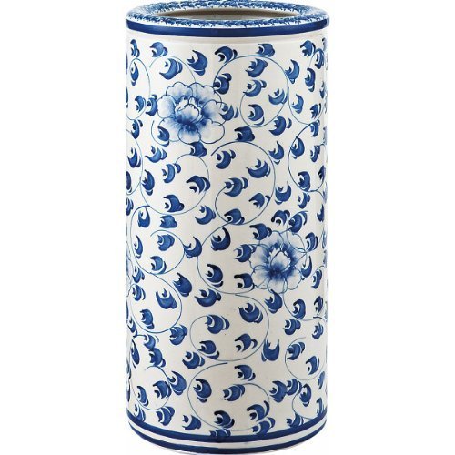 陶器傘立 花柄 白・青