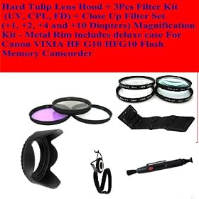 Hard Tulip Lens Hood + 3pcs Filter Kit (Uv, Cpl, Fd) + Close up Filter Set (+1, +2, +4 and +10 Diopters) Magnification Kit - Metal Rim Includes Deluxe Case for Canon Vixia Hf G10 Hfg10 Flash Memory Camcorder
