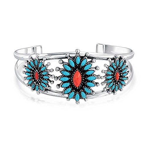 Bling JewelryPersonalize South Western Navajo Style Red Orange Coral Turquoise Zuni Needlepoint Jewelry Cluster Flower Blossom Statement Necklace or Wide Cuff Bracelet For Women .925 Sterling Silver Customizable