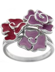Sterling Silver Shades of Color 3-Flowers Enamel Ring