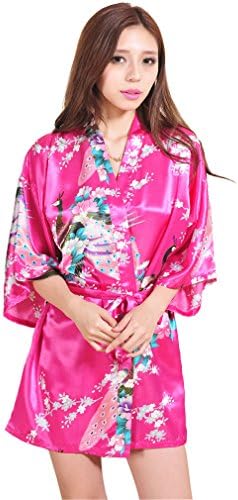 FUNG Women's Satin Peacock Short Style Bride and Bridesmaid Robe Fushcia L