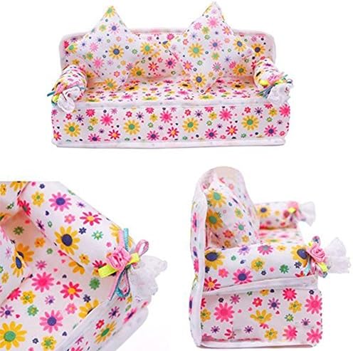 Lovely Mini Furniture Flower Print Sofa Couch with 2 Cushions for Barbie Doll House Accessories