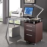 Deluxe Tempered Glass Top Ergonomic Computer Desk with Side Cabinet - Chocolate