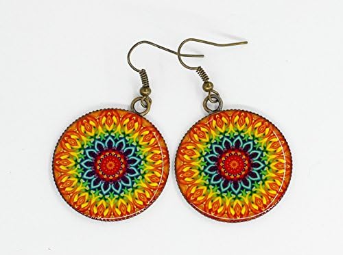 Geometric Mandala Bright Circle Flower Floral Pattern Orange Red Yellow Blue Green Round Earrings Gift for Women Unique Exlusive Handmade Photo Mothers day gift for mom