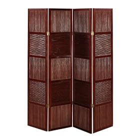 Rattan And Wood 66.25h Four - panel Room Divider, FOUR-PANEL, DARK CHERRY