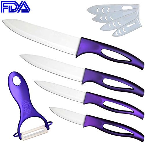 UTimHome Ceramic Knife Set, Multi-Color Set, Blade Kitchen Knives with Sheath Protector - 6" Chef Knife, 5" Utility (Slicing), 4" Fruit Knife, 3" Paring, Vegetable Peeler (Purple &amp; White)