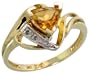 10k Gold Trillion Ring, w/ Brilliant Cut Diamonds & Trillant Cut November Birthstone 6mm Citrine Stone, 7/16 in. (11mm) wide, size 8.5