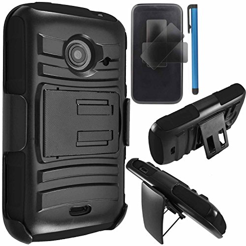 ZTE Whirl 2 / Zinger Case Combo by ICE-CLEAR(TM)-HERCULES Dual- Layer Hard/Gel Hybrid Kickstand Armor Case w/ Holster (Black/Black)+Touch Screen Stylus
