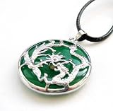 Green Jade Circle Shape Silver Tone Dragon Phoenix Pendant Necklace