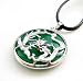 Green Jade Circle Shape Silver Tone Dragon Phoenix Pendant Necklace