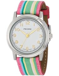 Pedre Womens 0231SX Silver-Tone/ Pink Stripe Grosgrain Strap Watch
