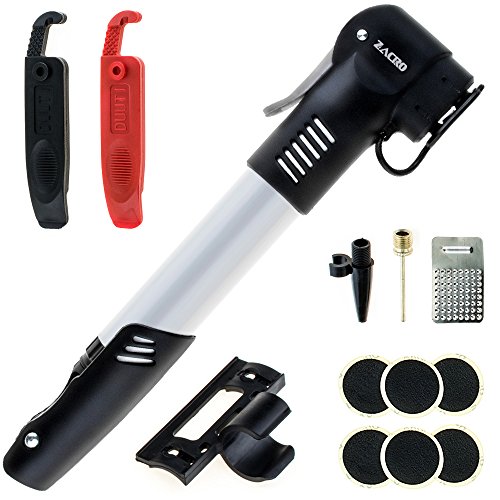 Zacro Mini Bike Pump, with Glueless Puncture Repair Kit and Tire Levers, Frame Mount &amp; Ball Needle,Compatible with both Presta and Schrader (No Valve Changing Needed)