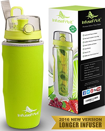 Infuser Water Bottle with Unique Full Length Infuser and Insulating Sleeve - Multiple Colors Options - Large 32 Oz Sport Water Bottle - Your Healthy Hydration Made Easy - Lemon Green